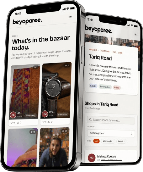 Beyoparee app showing a shop profile and product reels
